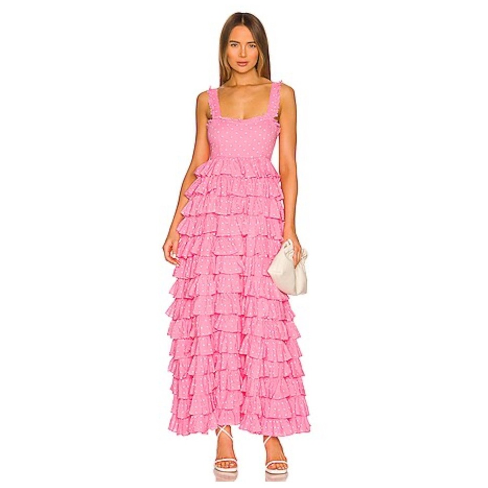 LoveShackFancy Idra Maxi Dress 6 Pink Polka Dot Ruffle Tiered Barbie Balletcore